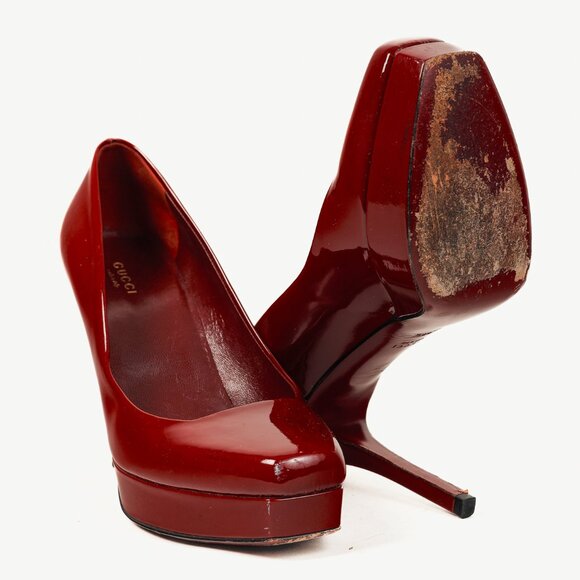 Gucci Burgundy Vernice Crystal Square-Toe Platform Pumps - Picture 4 of 10